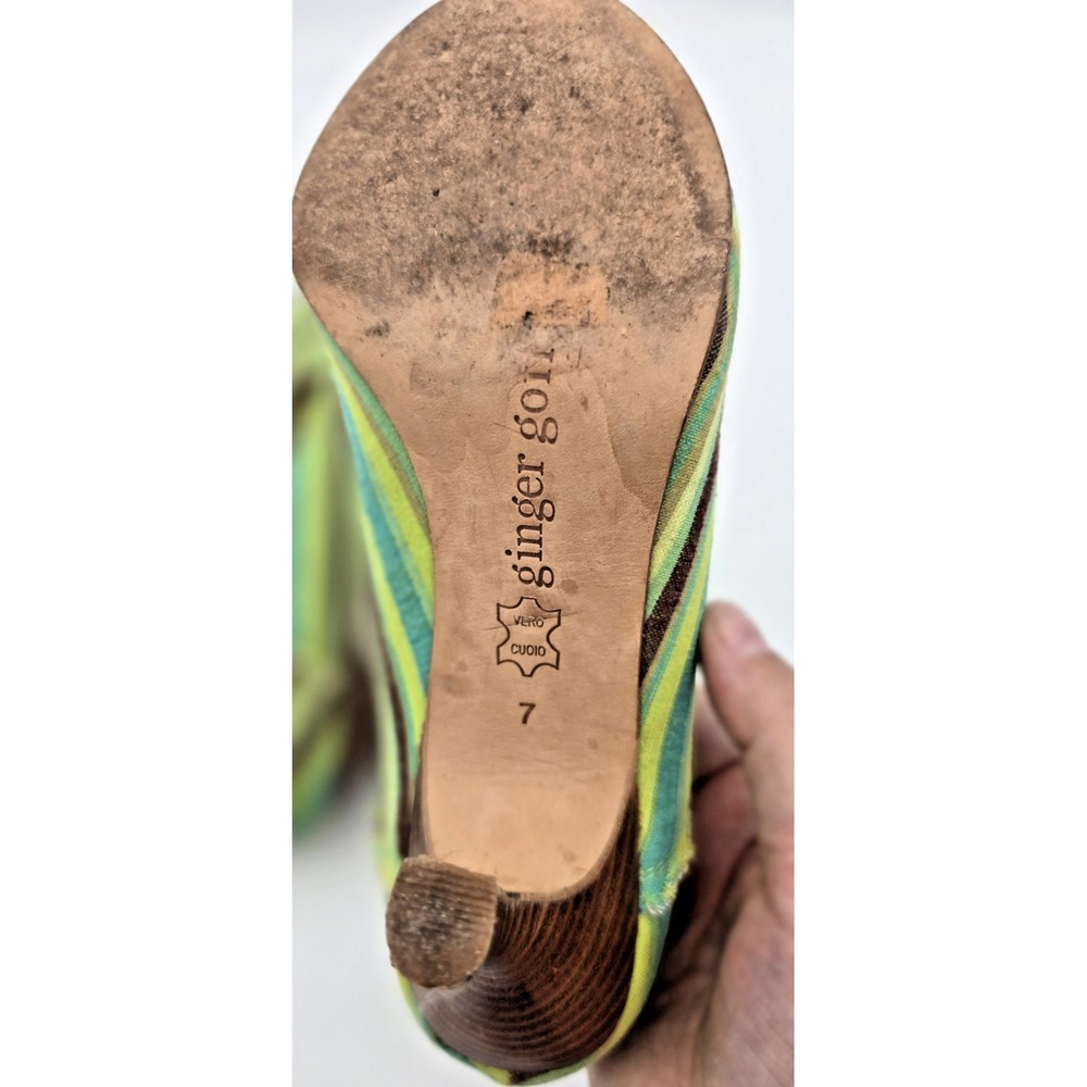 Ginger Goff Peep Toe Heels 7 Women's‎ Green Striped Frayed Wooden 3" Heels Boho - Picture 7 of 11